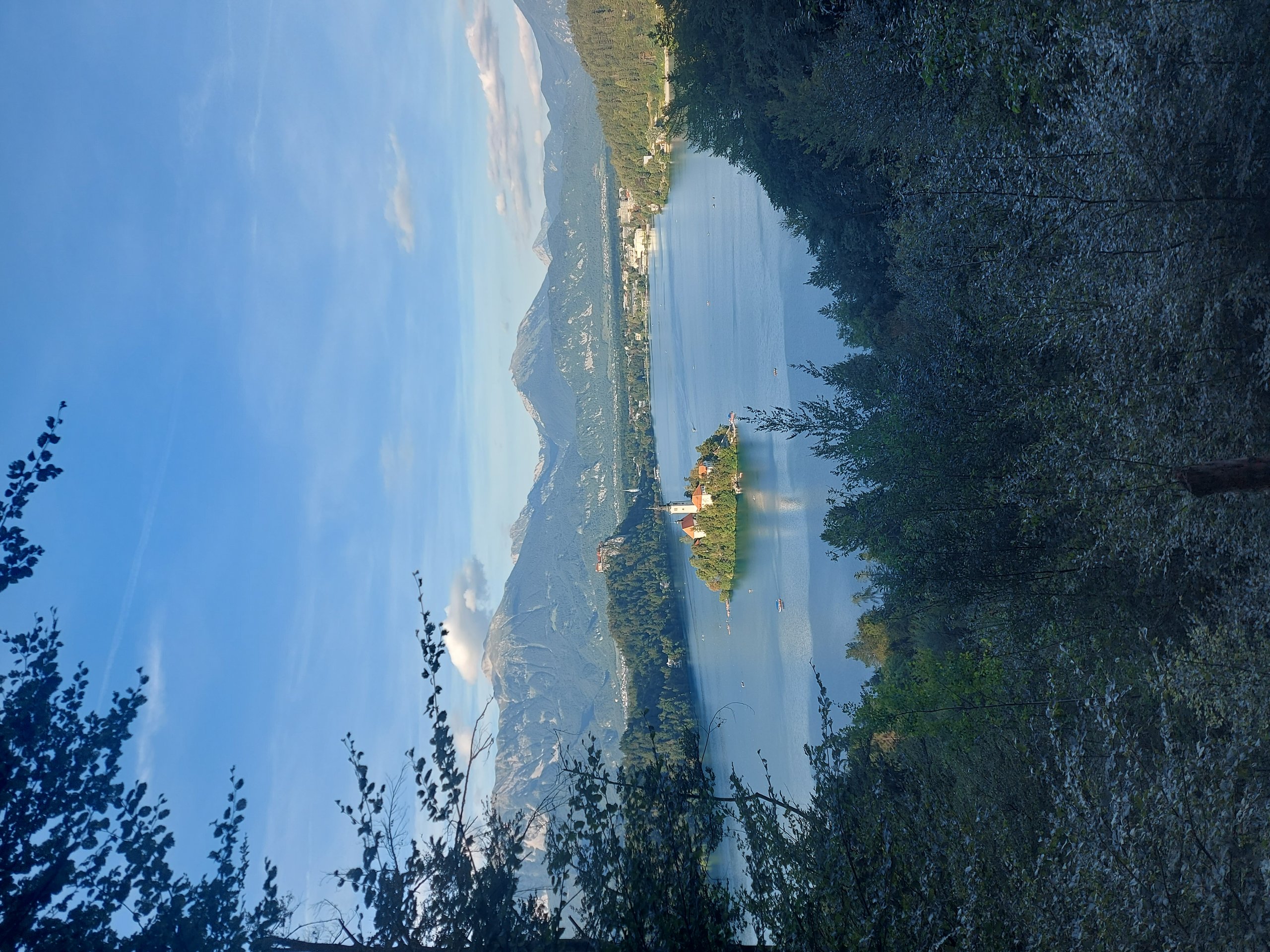 Panoramic view of Lake Bled with Bled Island and the Assumption of Mary church, seen from a hillside in Slovenia.